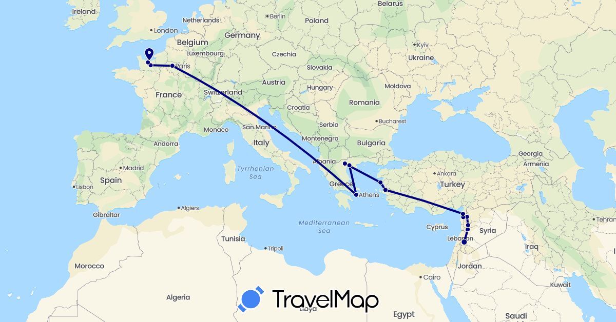 TravelMap itinerary: driving in France, Greece, Syria, Turkey (Asia, Europe)